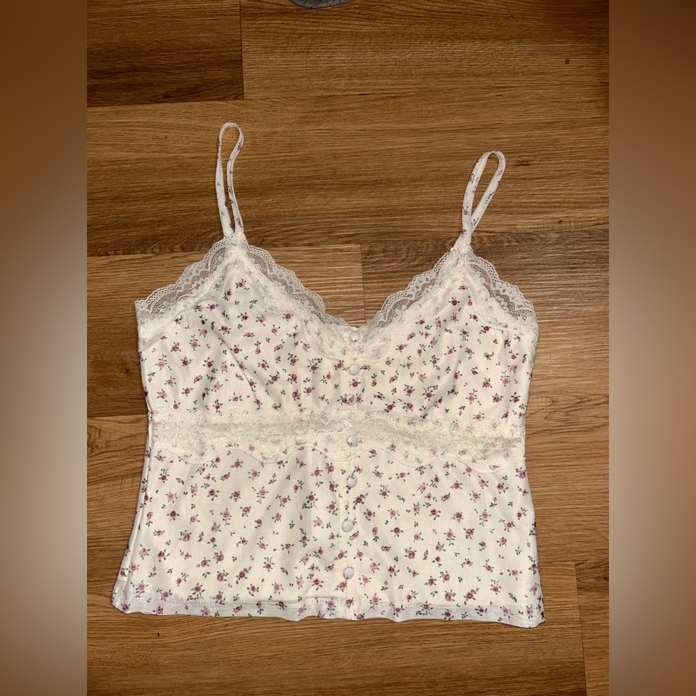 Pink Rose Floral Camisole Tank Top Lace Trim Women’s Size L